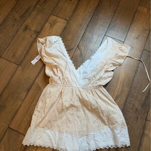 American Eagle Outfitters Cream and White Striped Lace-Trim romper